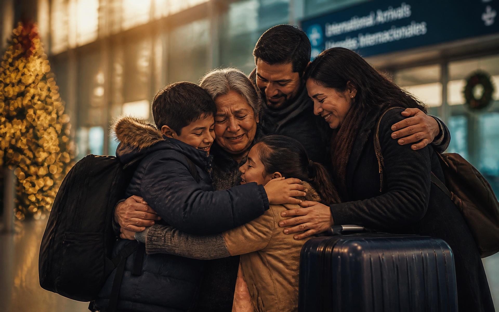 Familia latina abrazándose en el aeropuerto por Navidad